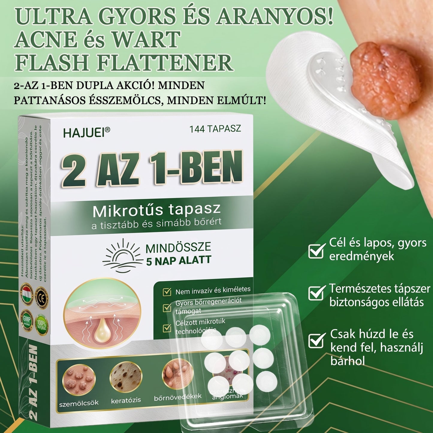 🇭🇺HAJUEI® ☺️ 2-az-1-ben Mikrotű & Hidrokoloid Tapasz | 🧪 Kiemelkedő Anyajegyek, Pattanások, Lapos Szemölcsök & Bőrkinövések Eltávolítója | Ráncok, Hegek & Bőrhibák Javítása | Láthatatlan Csillag Pattanástapasz Arcra & Testre | 144 db ✨